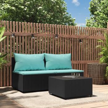 3-Piece Black Poly Rattan Garden Lounge Set with Cushions