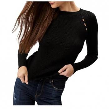 Guess Women's Regular Fit Black Lurex Ribbed Knit Sweater with Buttoned Raglan Sleeves