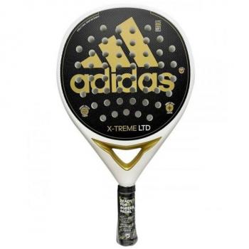 Raqueta de pádel Adidas X-Treme White Gold, color blanco y dorado, diseño ligero y aerodinámico, núcleo de goma EVA para mayor potencia y control, marco de carbono para durabilidad, superficie rugosa para mejor efecto en
