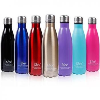 sfee 17oz doble pared vacío aislado botella de agua de acero inoxidable y taza perfecto Metal, Keep caliente y fría, A prueba de fugas, Camping, tenis, Runner, bicicleta, deportes botellas de agua + Bolsa de transporte protectora, champán, 17 ounces