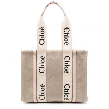 Chloé Women's Woody Medium Canvas And Leather Tote Bag in Powder | Size UNI
