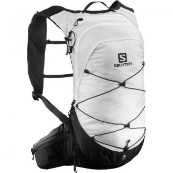 Mochila Salomon XT 15 blanca para montaña y running, capacidad de 15 litros, diseño ligero, sistema de hidratación compatible, múltiples compartimentos y correas ajustables