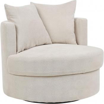 Sillón moderno glamour Beliani Dalby beige claro con respaldo redondo, tapizado en poliéster, base giratoria de hierro y dos cojines