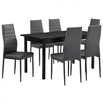 Juego de Comedor Bjerkvik - Mesa Negra 140 x 60 x 75 cm con 6 Sillas de Polipiel Gris