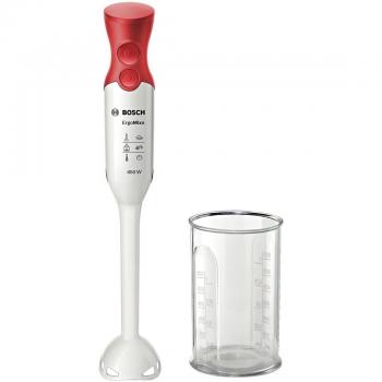 Bosch ErgoMixx MSM64010 - Batidora de mano, 450 W, velocidad Turbo, cúpula con cuatro cuchillas, con vaso de mezclas, color rojo y blanco
