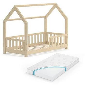 Cama en forma de casa Wiki, Madera natural, 80x160 cm con colchón y protección contra caídas
