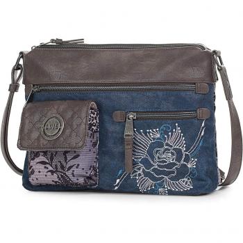 Lois - 95249 Bolso de Mujer Bandolera Ajustable. Doble Compartimento Principal. Bolsillos con Solapa y Cremallera. Llavero. Lona y Piel sintética - Polipiel, Color Marino