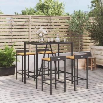 5-Piece Black Acacia Wood and PE Rattan Garden Bar Set