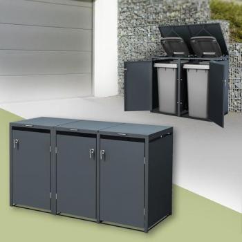 Cobertizo Triple de Acero Antracita para 3 Cubos de Basura de 240L - Caseta Exterior Impermeable 200x80x116,3cm