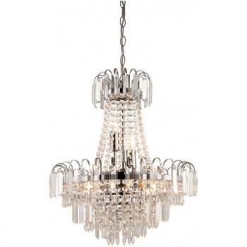Lámpara colgante de techo Amadis, 6 luces, cromo, cuentas de vidrio facetado transparente, E14