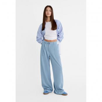 Stradivarius Smart Trousers with Buckle in Denim Blue