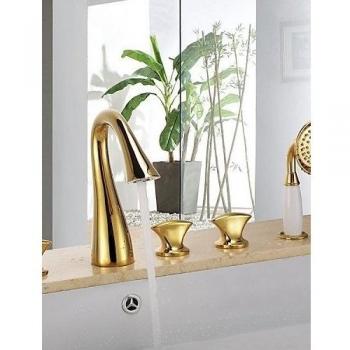 KISSRAIN® Antique Ti-PVD cinco agujeros tres manijas cascada grifo de la bañera con ducha de mano