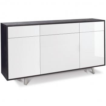 Aparador 3 puertas y 3 cajones con apertura push-pull, estructura en óxido negro y frente en blanco brillante, dimensiones 164x41x92 cm