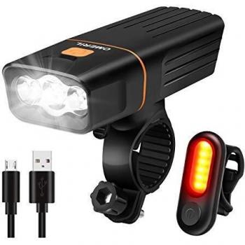 OMERIL Luz Bicicleta, Luces Bicicleta Recargable Súper Brillantes con 3 LED, 600 Lúmenes Luz Delantera Bici y Luz Trasera Segura, Linterna Bicicleta Impermeable para Montar en Carretera y Montaña