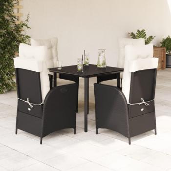 5-Piece Black Poly Rattan Garden Dining Set with Cushions