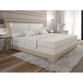 Conjunto boxspring completo cabecero con Leds + somieres + colchón + cubrecolchón ASTI - 2x80x200 cm - piel sintética - Crema y blanco