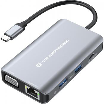Conceptronic DONN21G Docking Station para Portátil con Replicador de Puertos 7-en-1, USB-C a HDMI, VGA, USB 3.0, LAN Gigabit y Carga PD de
