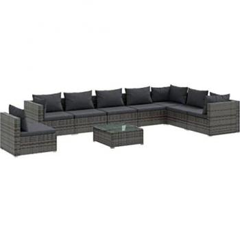 9-Piece Grey Poly Rattan Garden Lounge Set with Cushions