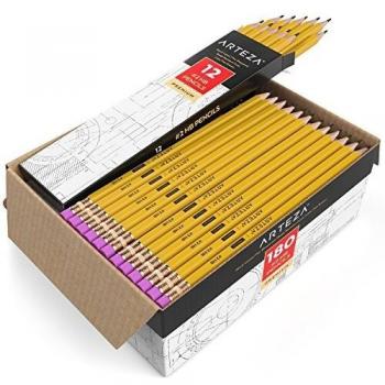 Arteza Lápices HB2, caja de 180 lapiceros de madera afilados de fábrica con goma de borrar sin látex, pack de lápices negros de grafito para suministros de oficina y material escolar