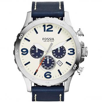 Fossil Reloj de Pulsera para Hombre JR1480 - Acero inoxidable, resistencia al agua hasta 50 metros, esfera azul, cronógrafo, correa de cuero marrón