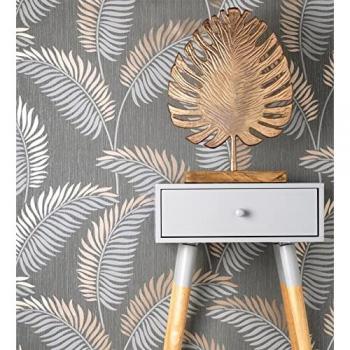 Papel Pintado Vinílico Lavable Tropical con Hojas en Relieve y Detalles Metalizados - Alan Palmer 681288 - Rollo de 10 m x 0,53 m