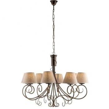 Araña de ocho luces Viena en marrón y oro con pantallas de PVC efecto tela, dimensiones 78x h63 cm