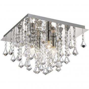 Plafón de diseño Acton Cromo Pulido 4 bombillas 24,5cm, cuadrado de 380 mm, E14, cromo pulido, cristal prisma