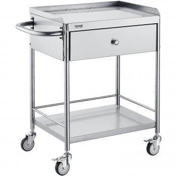 VEVOR Stainless Steel Medical Cart, 2 Layers, 220 lbs Capacity, Silent Wheels, Drawer for Lab and Clinic