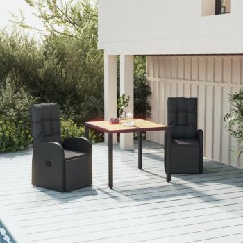 Juego de comedor para jardín 3 piezas en madera de acacia y ratán sintético negro