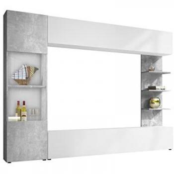 Módulo de salón Comfivo 210, con mesa de TV, partes separadas, aglomerado laminado, dimensiones 250 x 187 x 30 cm, color blanco y hormigón