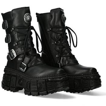 New Rock Mid-Calf Leather Goth Platform Boots with Buckles - Black - Size EU 46