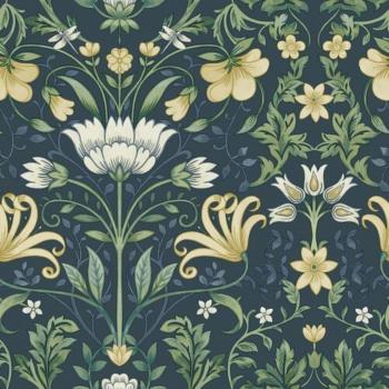 Holden Traditional Vintage Retro Floral Trail Flowers Leaves Navy Blue Wallpaper - Grey