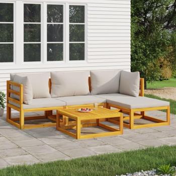 Set de muebles de jardín de 5 piezas en madera maciza con cojines gris claro