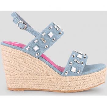 Sandalias de cuña de mujer azules con tachuelas y cierre de hebilla