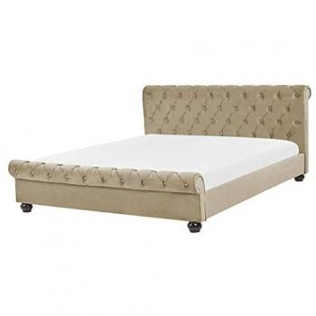 Cama Doble Tapizada en Terciopelo Beige 160 x 200 cm con Cabecero Acolchado Estilo Glam Avallon