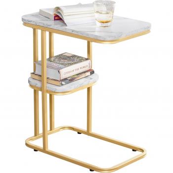 Mesa Auxiliar Moderna Efecto Mármol con Marco de Metal Dorado 50x30x58 cm