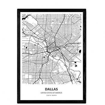 Póster Mapa de Dallas - USA en Color Negro, Lámina Sin Marco A4 con Mares y Ríos