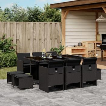 Set de comedor de jardín 11 piezas con cojines de ratán sintético negro y almohadas negras