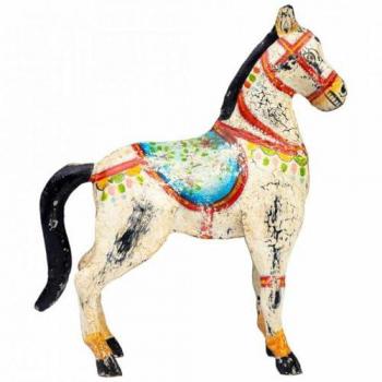 Caballo Decorativo de Metal Pintado Artesanal Envejecido Blanco y Madera de Mango 9 x 34 x 31 cm