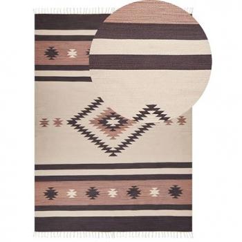 Alfombra Kilim Beige y Marrón de Algodón 140 x 200 cm, Geométrica, Reversible, Hecha a Mano con Borlas