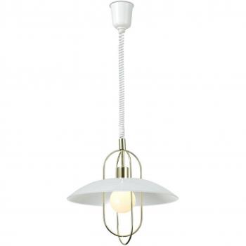 Lámpara colgante Riva de latón pulido, 1 bombilla E27, altura ajustable (Rise & Fall), pantalla de vidrio blanco opalino, 77 cm