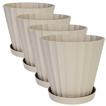 Set de 4 Macetas Redondas Ecru con Platos Incluidos - Medida 26 cm, Capacidad 8L