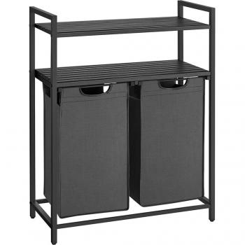 Cesto de Ropa Sucia con 2 Compartimentos y 2 Estantes, Capacidad Total de 92 L, Negro y Gris