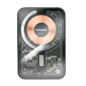 Batería Externa Inalámbrica Transparente Grundig 5000mAh - Carga USB-C y MagSafe - Compacta con 2 Salidas USB-A y Cable Tipo-C Incluido