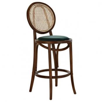 Taburete Alto de Madera Olmo Color Marrón Oscuro con Respaldo de Ratán y Asiento de Terciopelo Verde 43 x 43 x 108 cm