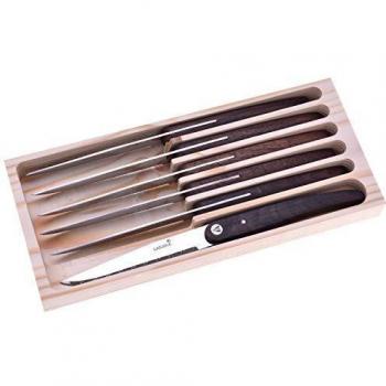 LAGUIOLE - Juego de 6 cuchillos para bistec - hoja micro dentada de acero inoxidable - Acero inoxidable, madera de pakka - Marrón oscuro