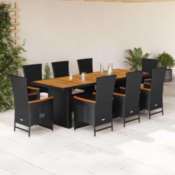 9-Piece Black Poly Rattan Garden Dining Set with Cushions