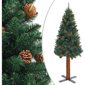 Árbol de Navidad Delgado con Madera Auténtica y Piñas PVC Verde 210cm