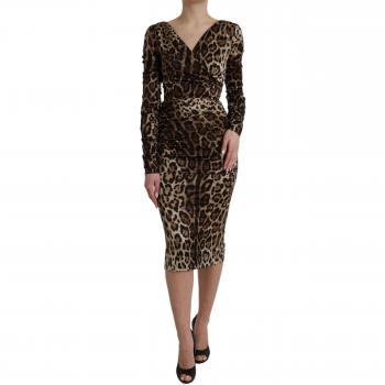 Dolce & Gabbana Brown Leopard Print Bodycon V-neck Midi Dress - IT38 | XS