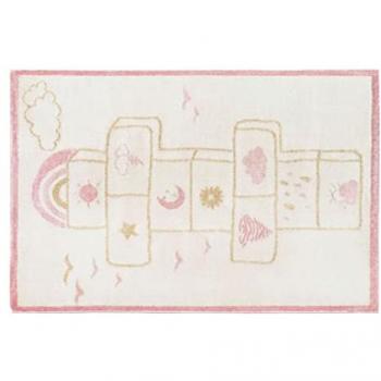Alfombra Infantil Rayuela Funny - 100 x 150 cm - Beige, Rosa y Lurex Dorado